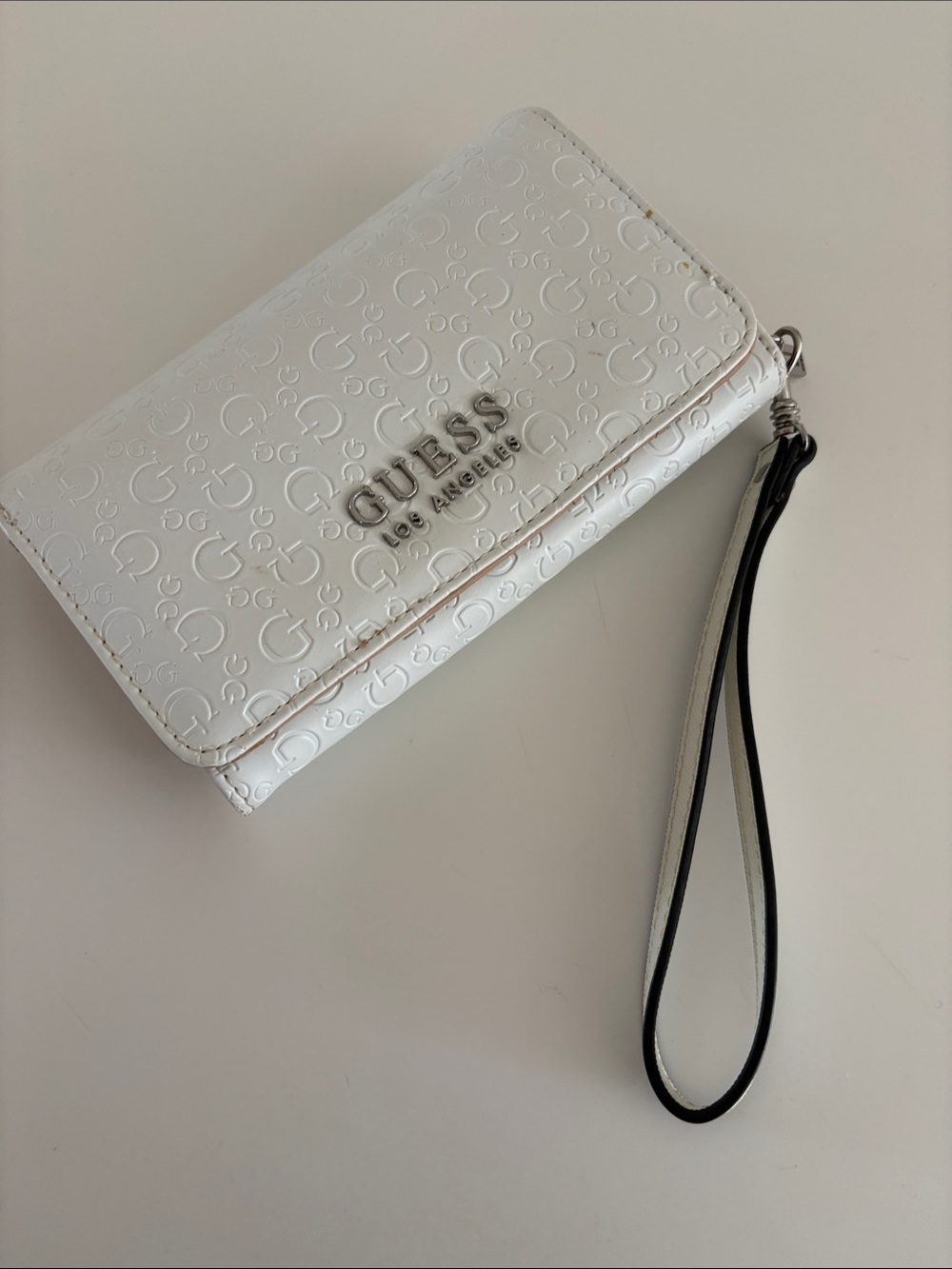 Guess White Embossed Logo Wristlet with Strap
